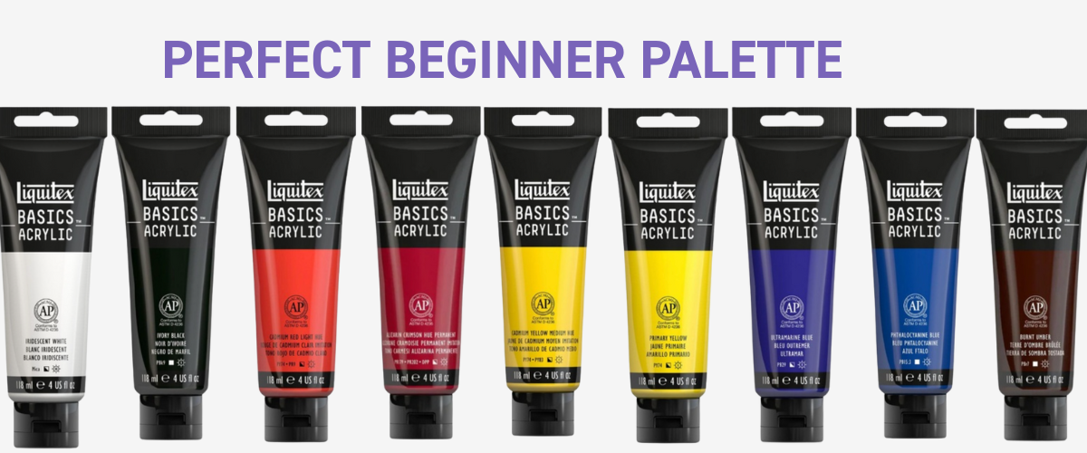 Limited beginner acrylic palette with titanium white, mars black, cadmium red, crimson, cadmium yellow, lemon yellow, ultramarine blue, phthalo blue and burnt umber for mixing colours