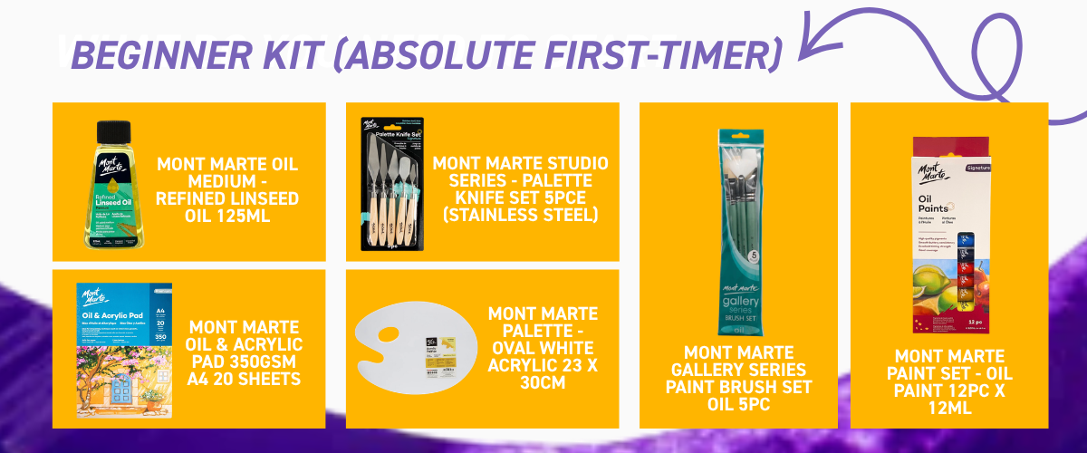 Oil painting upgrade kit with larger paint set, quality brushes, canvas pad and painting medium for developing artists