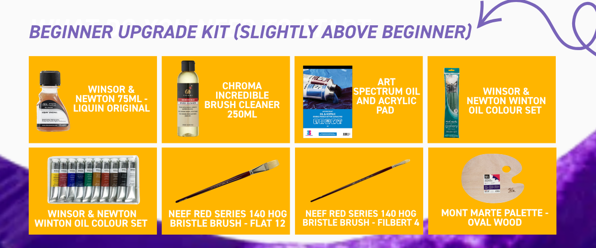 Oil painting upgrade kit with larger paint set, quality brushes, canvas pad and painting medium for developing artists