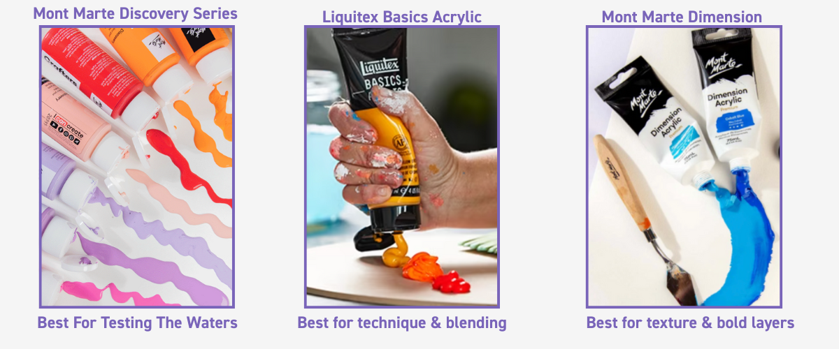 Comparison of Mont Marte and Liquitex Basics acrylic paint tubes with thick buttery texture and smooth blending examples