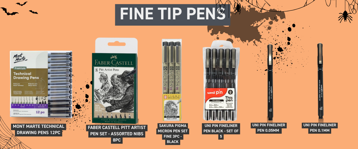Close-up of waterproof fineliners for line art and Inktober sketches, displayed on smooth white bristol paper.