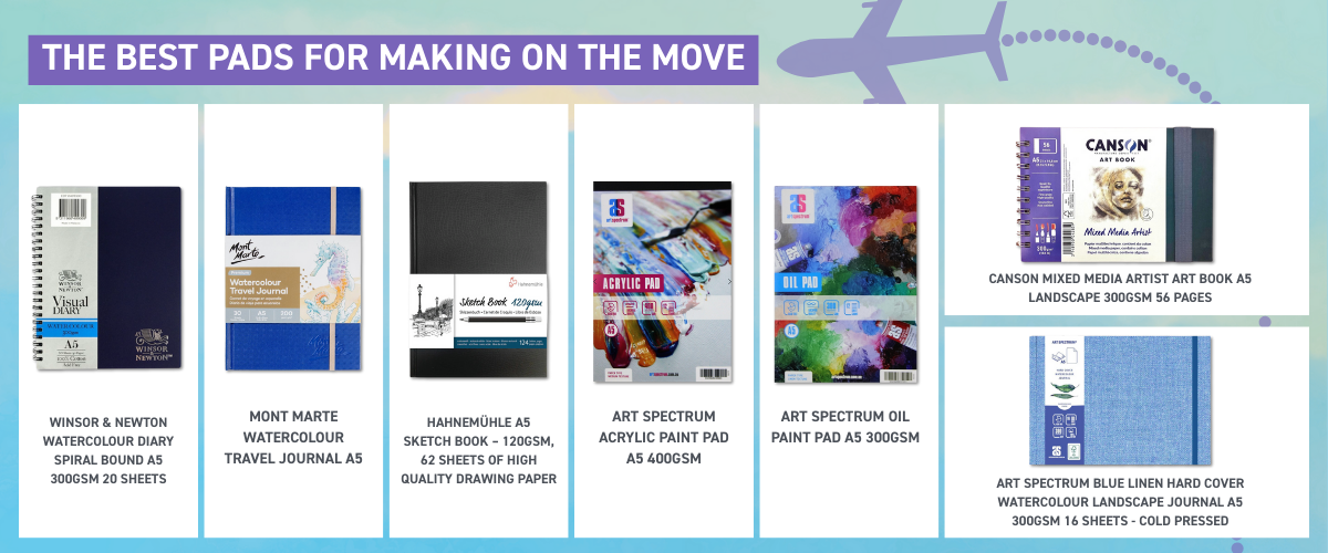 Travel sketchbooks and art journals designed for watercolour, acrylic and mixed media use while travelling.