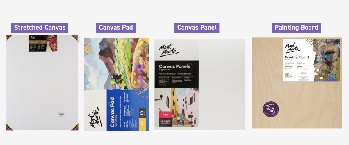 Variety of acrylic painting surfaces including canvas pad, stretched canvas, canvas board and primed wooden panel for beginners