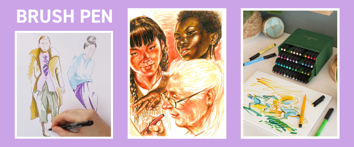 Brush pen drawing examples including portrait, still life, and sketch showing line variation and expressive strokes