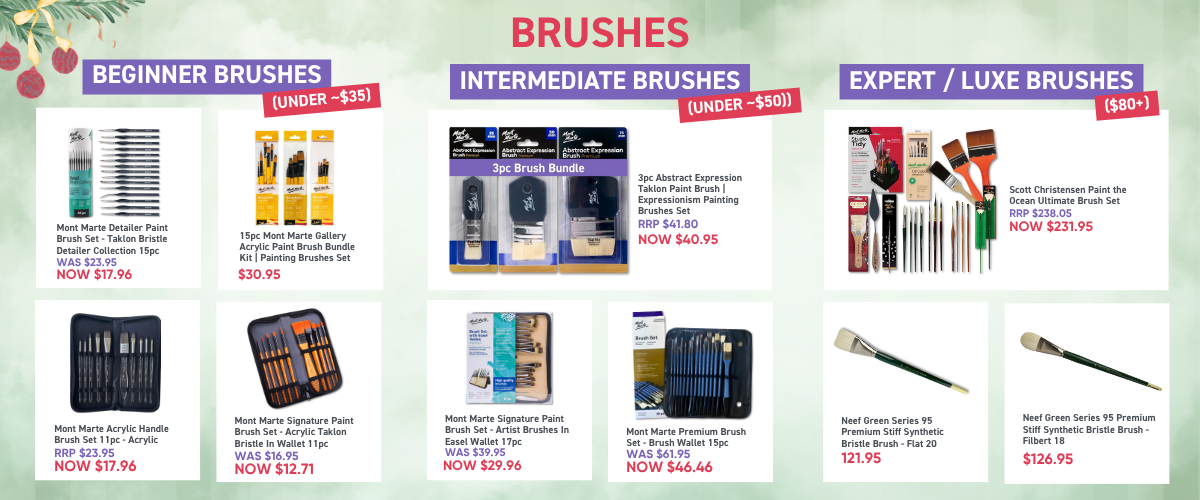 Collection of acrylic paint brushes displayed on a festive background, showcasing beginner, intermediate, and premium brush sets for the Art Shed Christmas Gift Guide