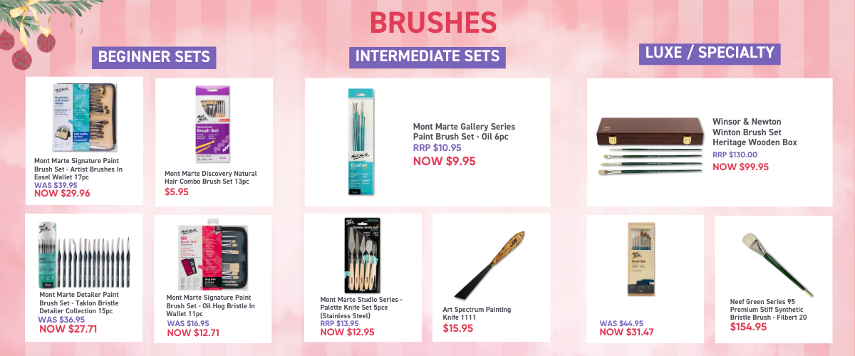 Oil painting brush gift guide banner showing hog bristle and synthetic brushes