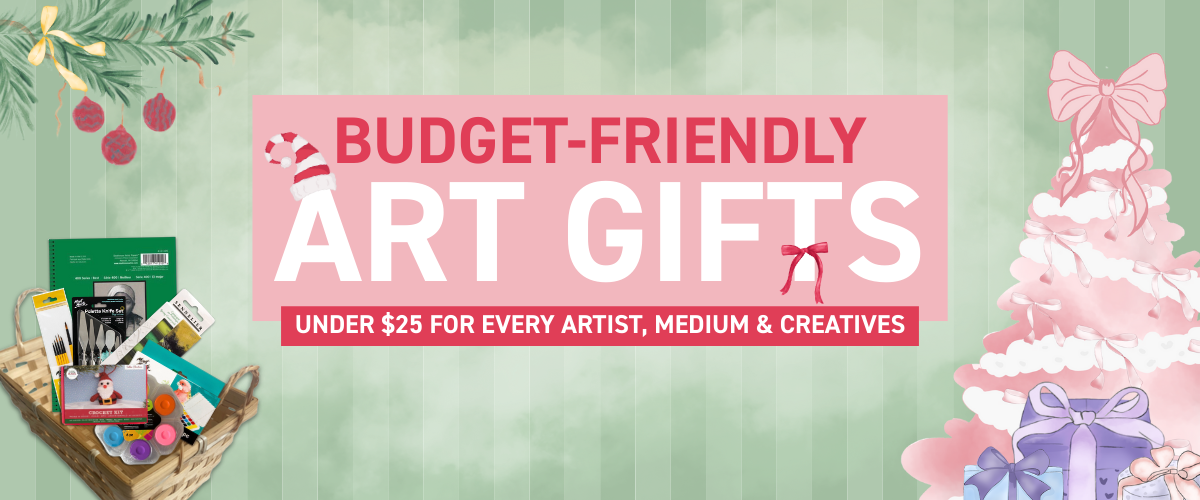 Art Shed Christmas Budget Gifts Under $25 banner showing creative gift ideas for artists
