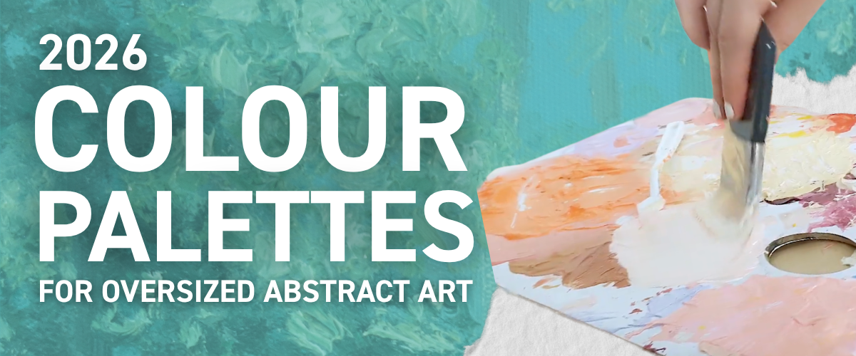 Banner reading 2026 Colour Palettes for Oversized Abstract Art, showing a palette knife blending paint