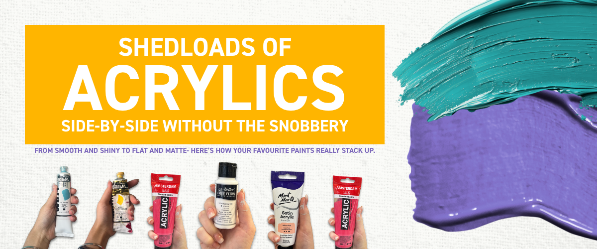 Side-by-side swatches of acrylic paint in vibrant colours on different surfaces with brushes and paint tubes, representing popular acrylic ranges in Australia.