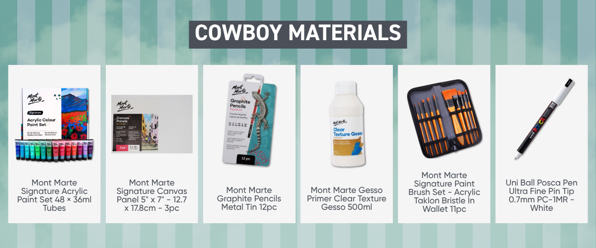 Art materials for beginner cowboy painting including acrylic paint set, canvas panel, brushes and Posca pen