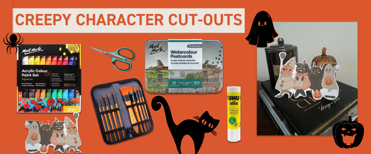 DIY Halloween character cut-outs painted on postcard paper inspired by Over the Garden Wall using Art Shed art supplies