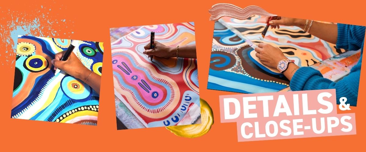 Close-up shots of Bayley Mifsud's hands painting fine Aboriginal symbol details with a Posca pen