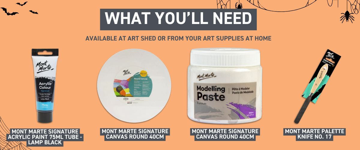 All the art supplies needed for a ghost painting – modelling paste, black canvas, palette knife, and acrylic paint