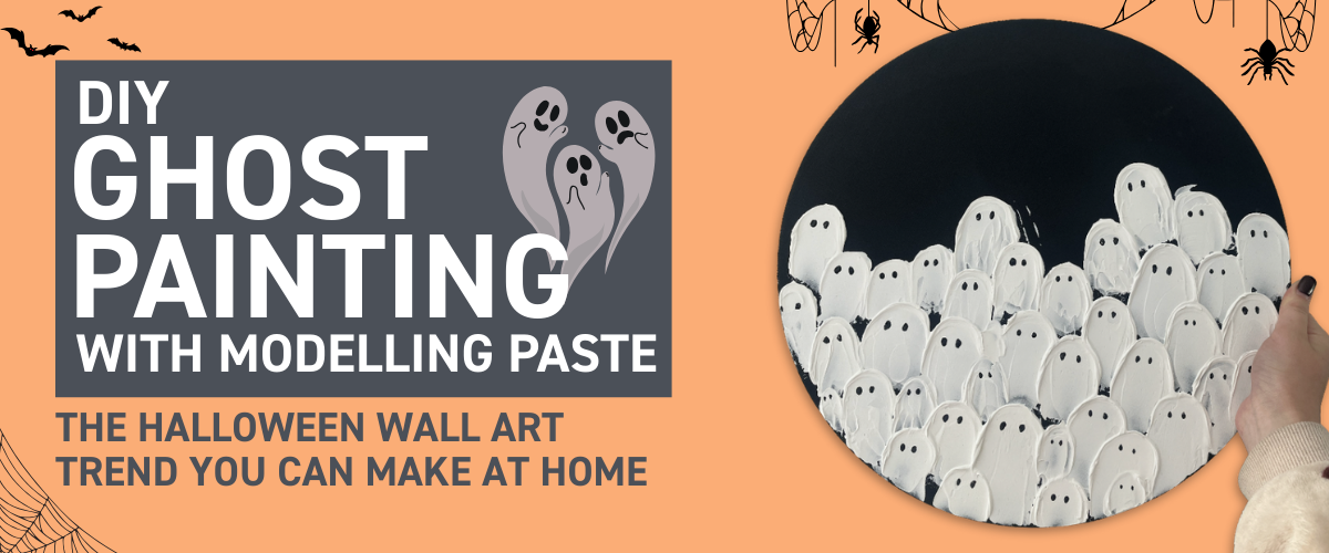 Textured ghost painting on black canvas – DIY Halloween wall art idea using modelling paste