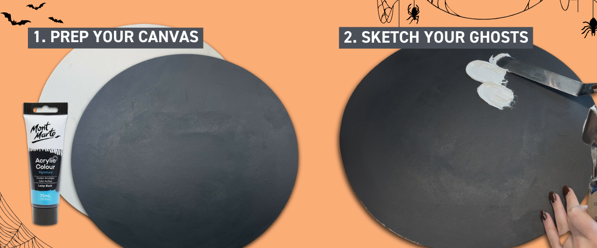 Sketching ghost outlines on a black canvas with chalk – Halloween art tutorial in progress
