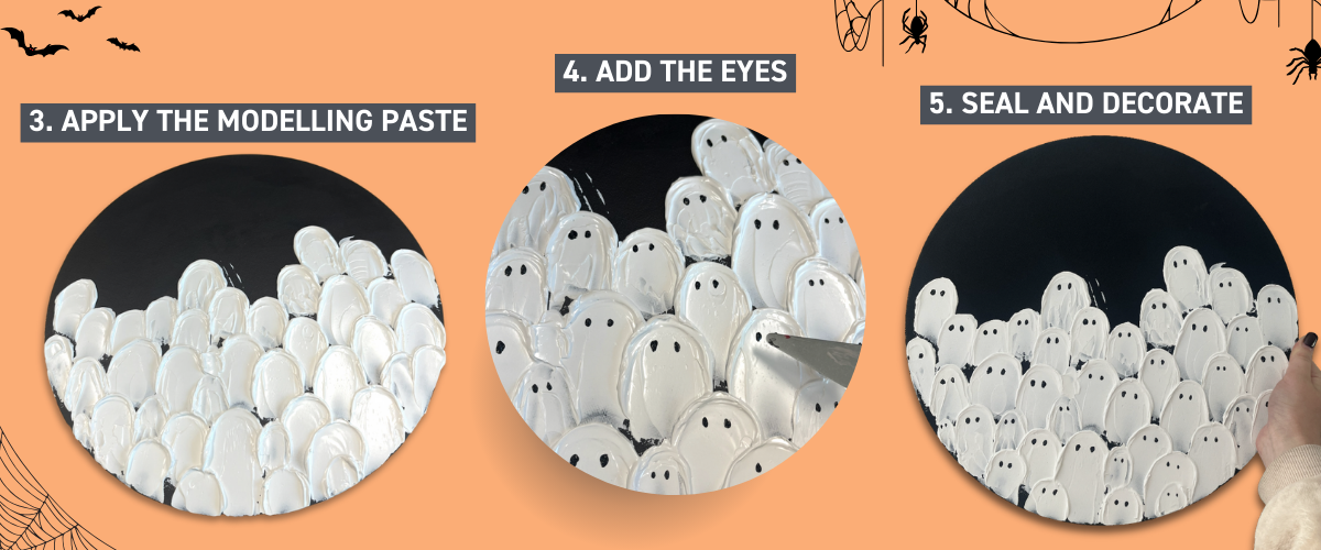 Using modelling paste and palette knife to sculpt 3D ghost shapes – spooky textured painting  Materials Banne
