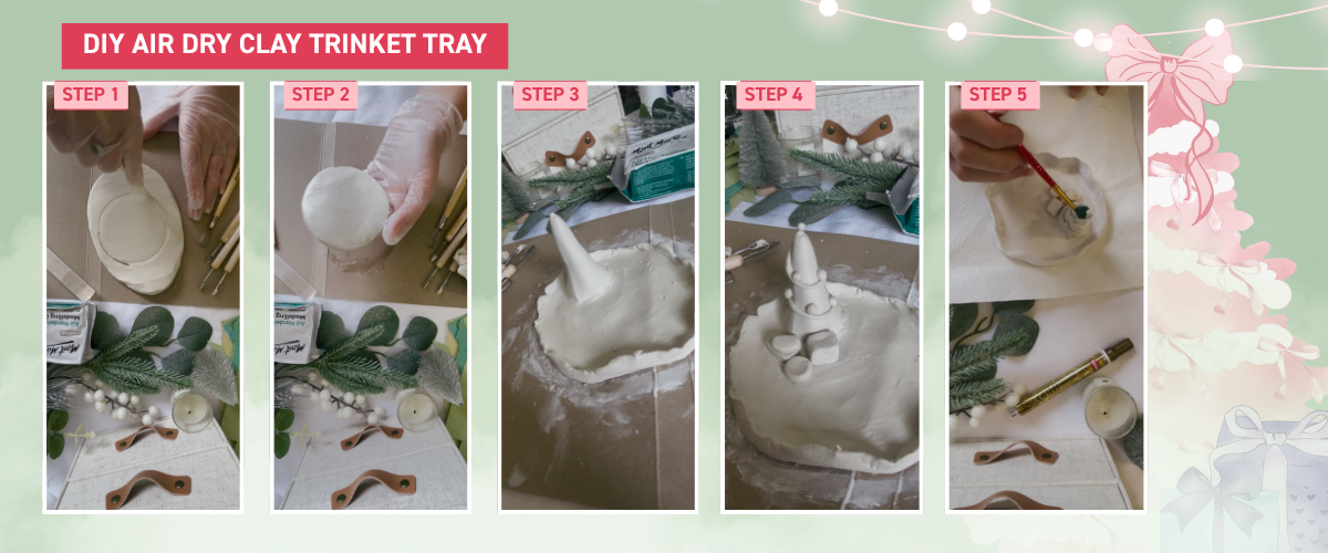 DIY air dry clay trinket tray shaped like a Christmas tree – easy handmade gift idea