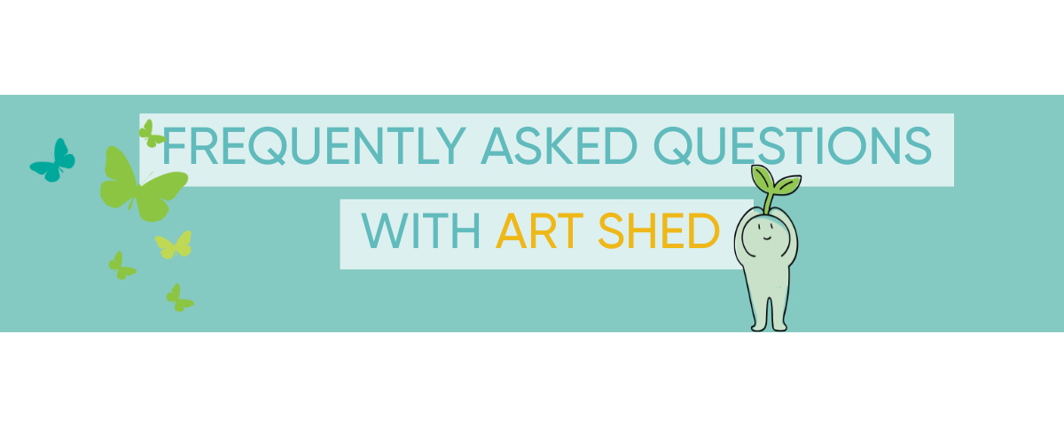 Frequently asked questions about eco-friendly art supplies with Art Shed, featuring green background, butterflies and a plant character.