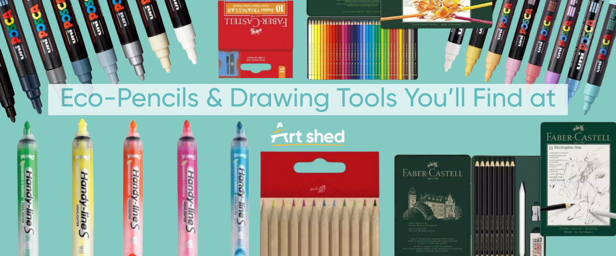 Eco pencils and drawing tools at Art Shed including Pentel recycled highlighters, Faber Castell EcoPencils, Pitt Graphite Matt pencils and Polychromos colour pencil tins