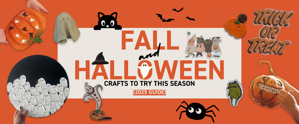 Halloween craft ideas and DIY decorations using Art Shed art supplies – spooky ghost painting, painted pumpkins, clay ghosts and more on a black textured background
