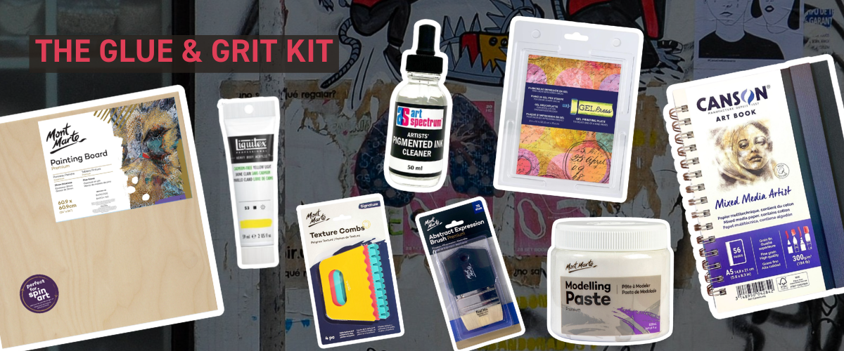  Mixed media street art kit featuring acrylic inks, texture mediums and paint markers for layered effects