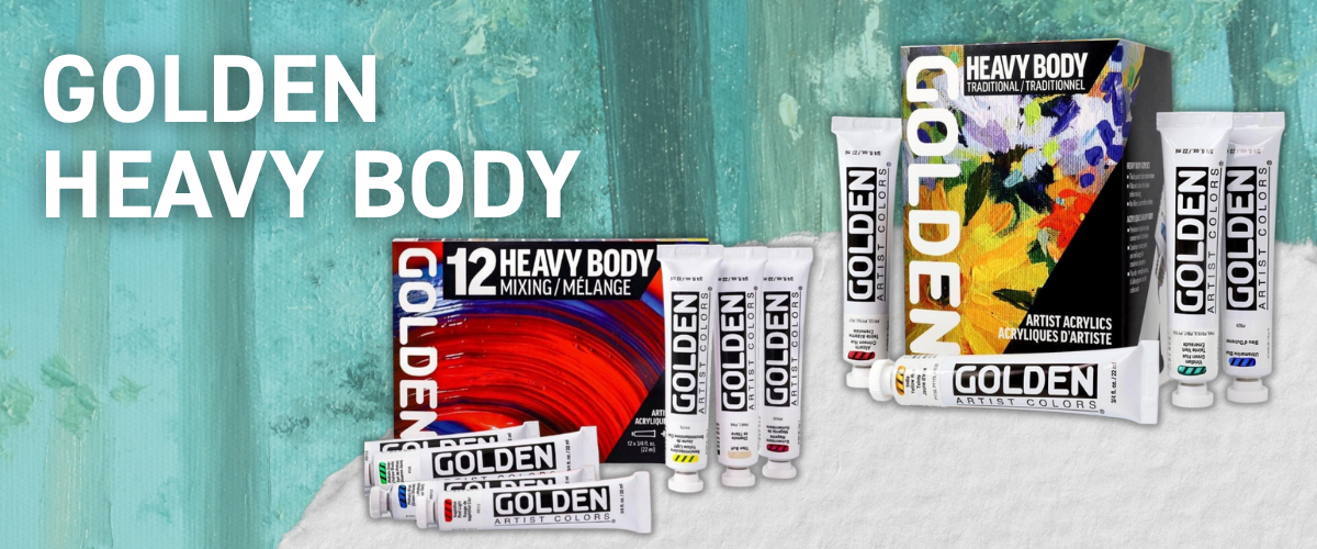 Golden Heavy Body acrylic paint tubes and a 12-tube mixing set displayed on a teal background
