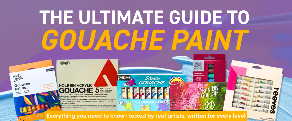 The complete guide to gouache paint — colourful gouache paints, brushes and painted swatches on a studio surface, Art Shed Australia