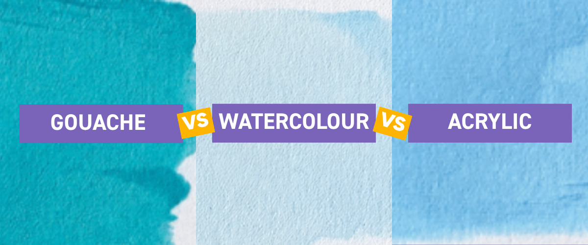 Gouache vs watercolour vs acrylic paint comparison — side by side swatches showing opacity and finish differences, Art Shed Australia