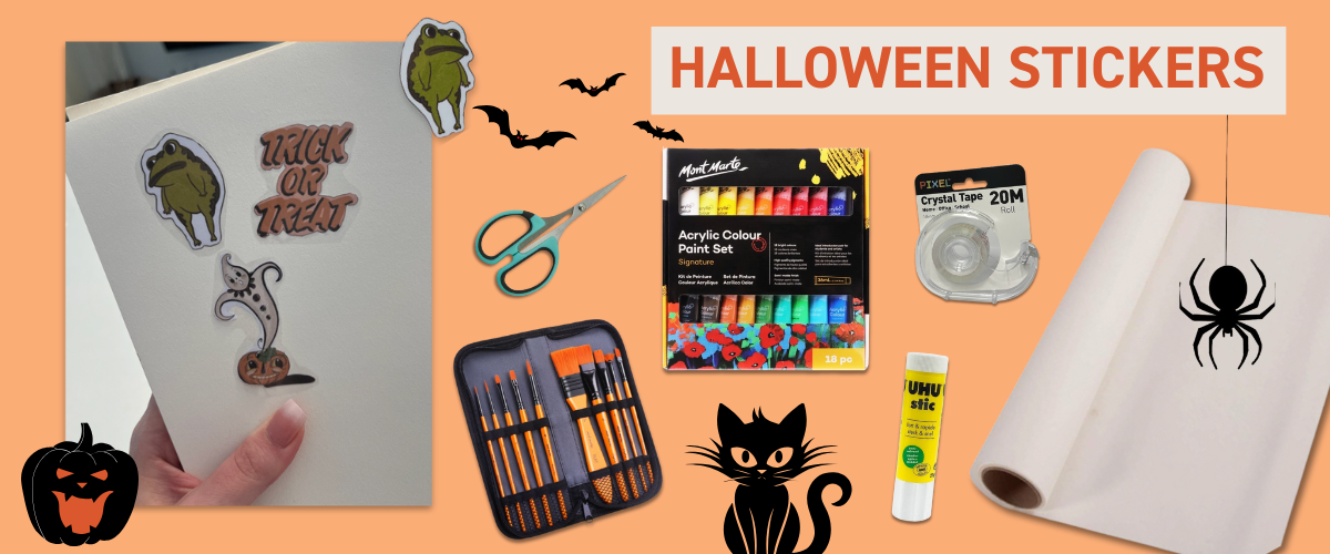 Handmade Halloween stickers made with baking paper and clear tape featuring pumpkins, ghosts, and bats