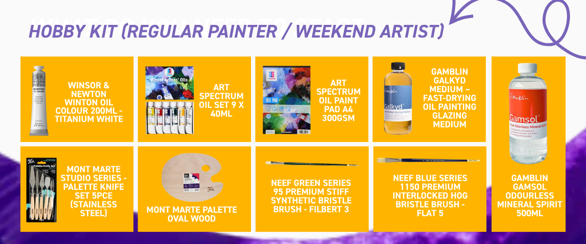 Oil painting hobby kit featuring artist brushes, oil paint set, painting medium and canvas pad for regular painting sessions
