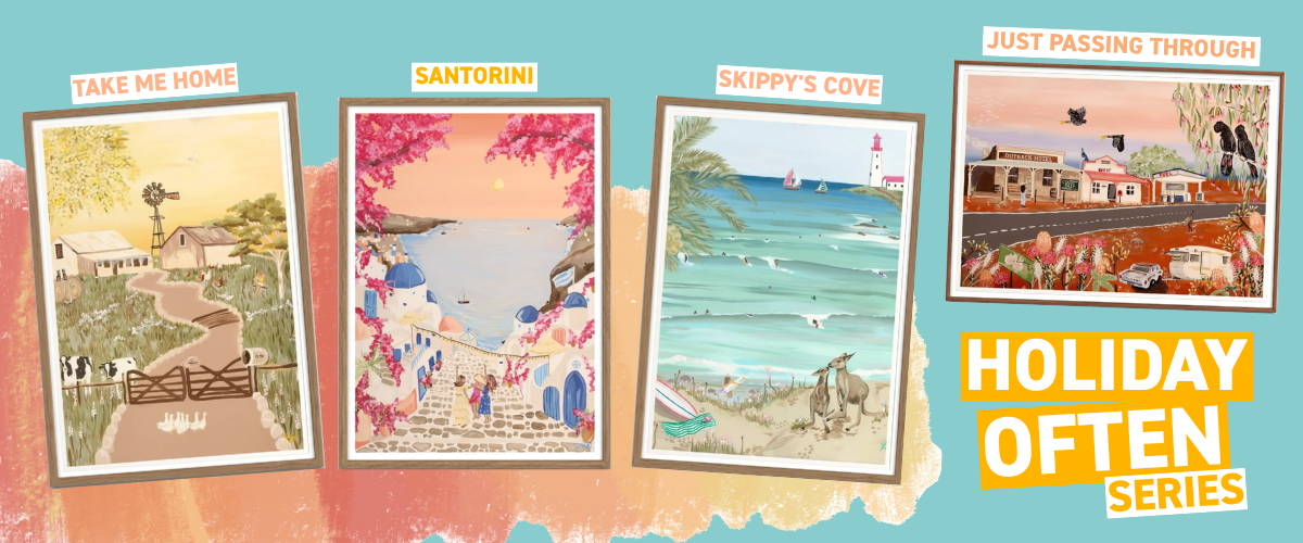 Holiday Often series by Created By Deli, four framed prints titled Take Me Home, Santorini, Skippy's Cove and Just Passing Through