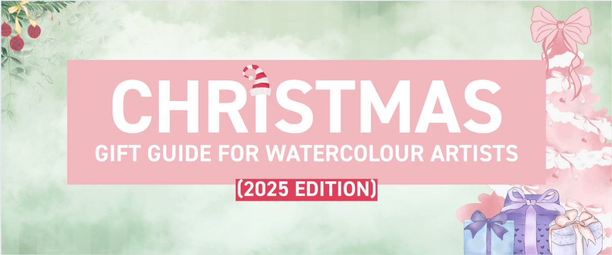 Watercolour Christmas gift guide banner showing art supplies, brushes, and paints from Art Shed Australia.