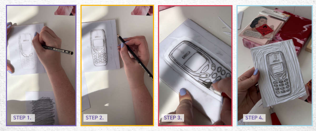 Step-by-step visual guide showing how to do lino printing with carving tools and ink roller
