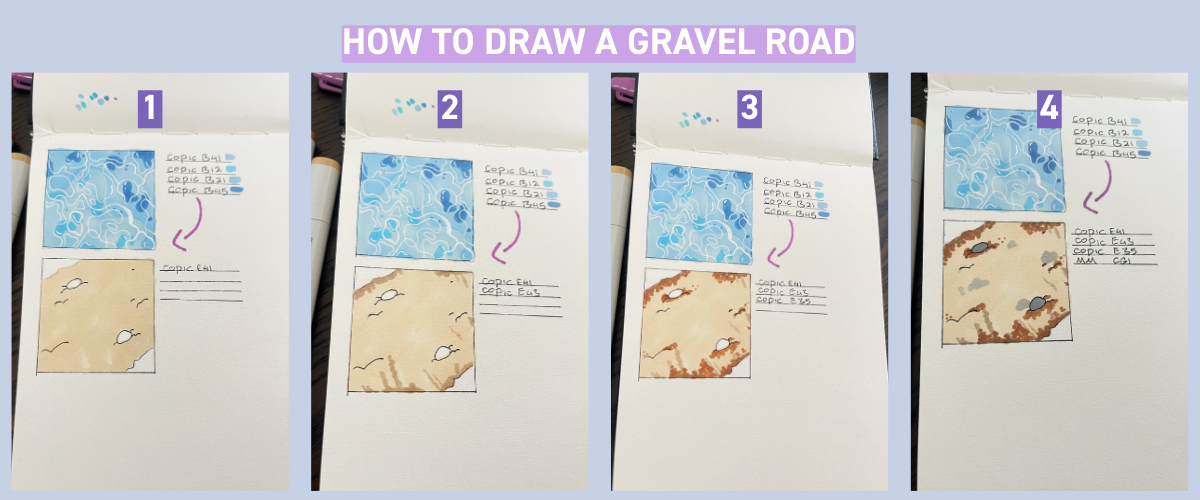 Alcohol marker gravel road tutorial showing dirt textures and rocks