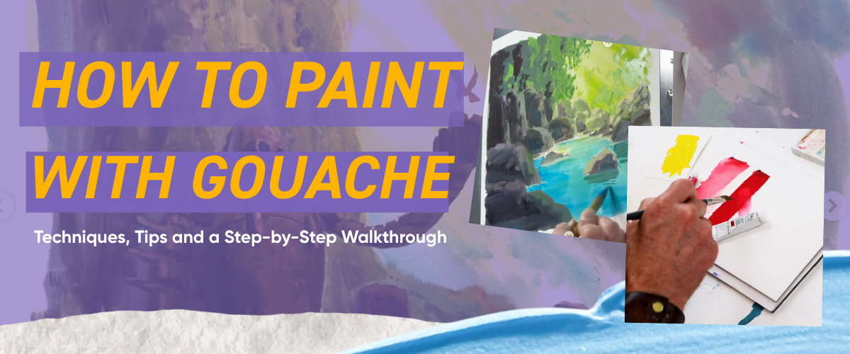  How to paint with gouache — artist hand painting flat matte colour on watercolour paper with a round brush, Art Shed Australia