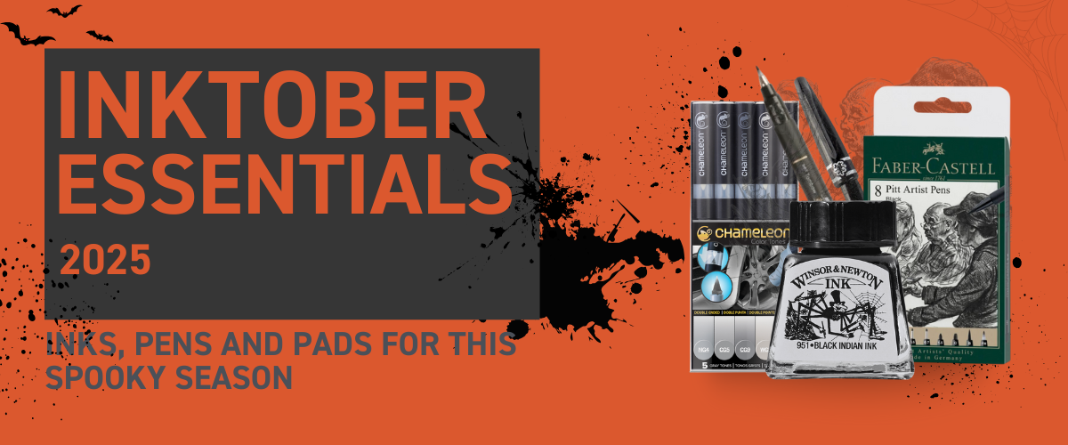 Illustrated banner featuring best pens, fineliners, and inks for Inktober 2025, with artist sketching tools and Art Shed branding.