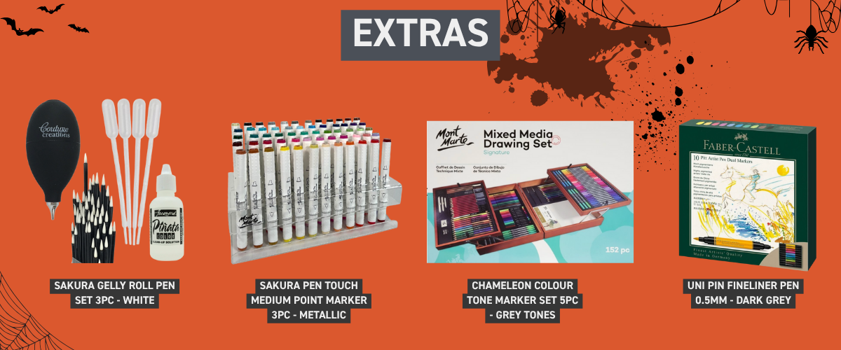 Comprehensive Inktober drawing kits with fineliners, markers, ink bottles, and surfaces for artists of all levels.