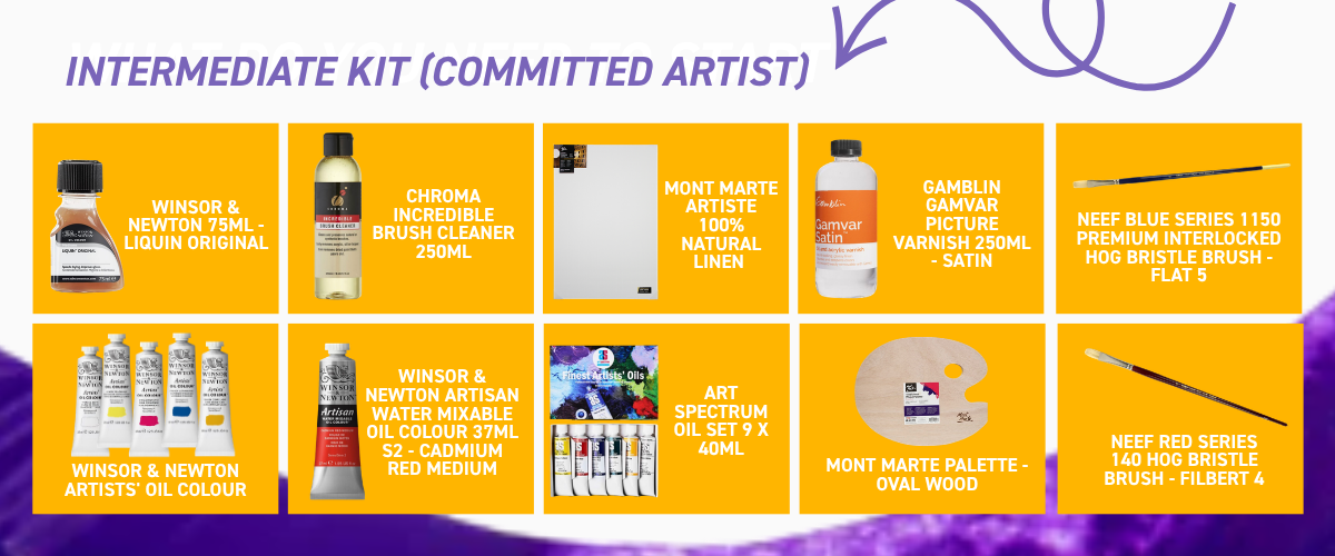 Intermediate oil painting kit with artist-grade paints, linen canvas, varnish and professional brushes for committed painters