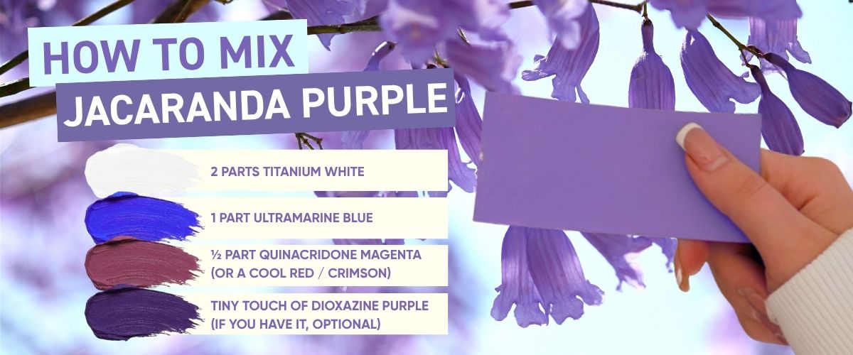 How to mix Jacaranda Purple paint swatch held against blooming jacaranda flowers