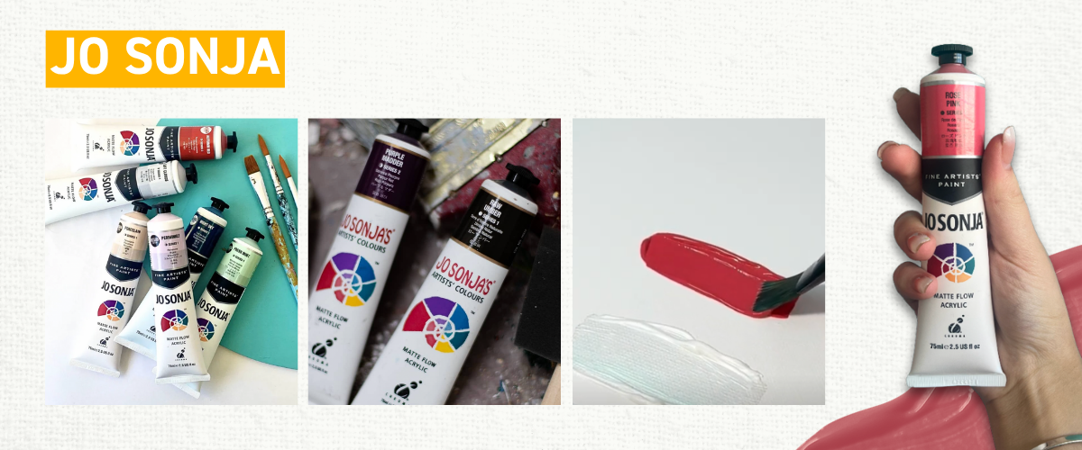 Jo Sonja Matte Flow Acrylic bottles and folk art samples, highlighting matte finish and premium pigment load loved by decorative artists.