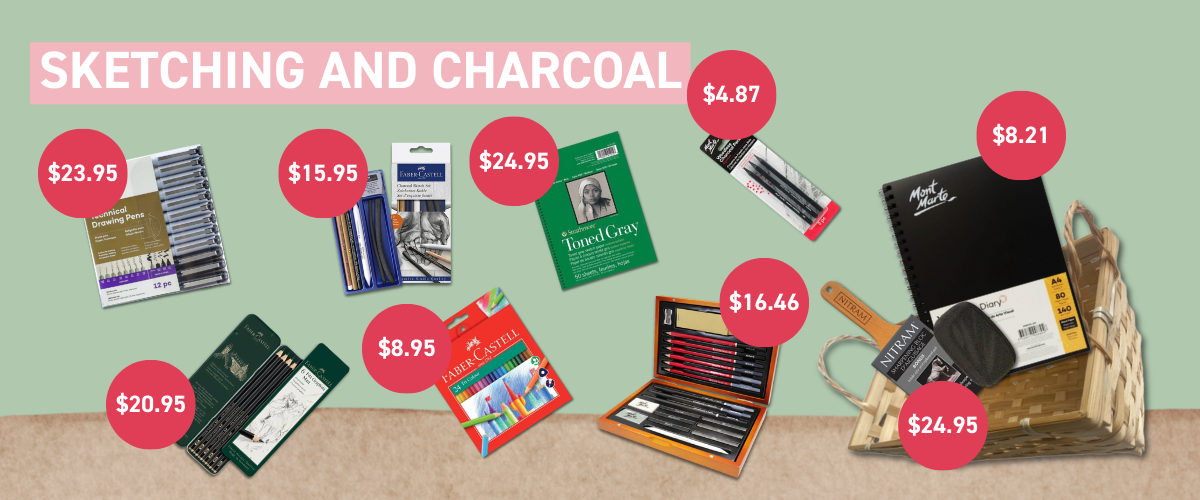 Budget-friendly sketching and charcoal gifts including pencils, diaries and drawing pens