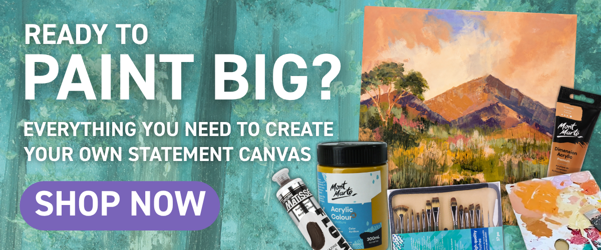 Call-to-action banner reading Ready to Paint Big, Shop Now, with a large landscape canvas, paint jar and brushes