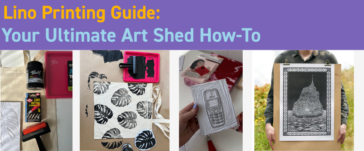 Colourful lino printing header banner featuring carved block and roller ink, by Art Shed Australia