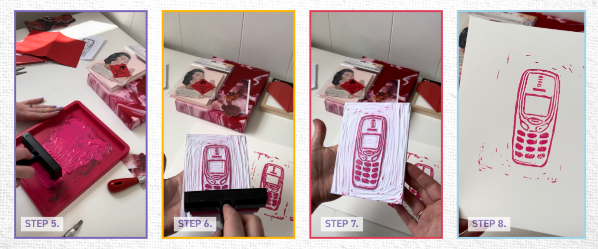 Lino printing process image with traced design, carved lino block, ink application, and paper press