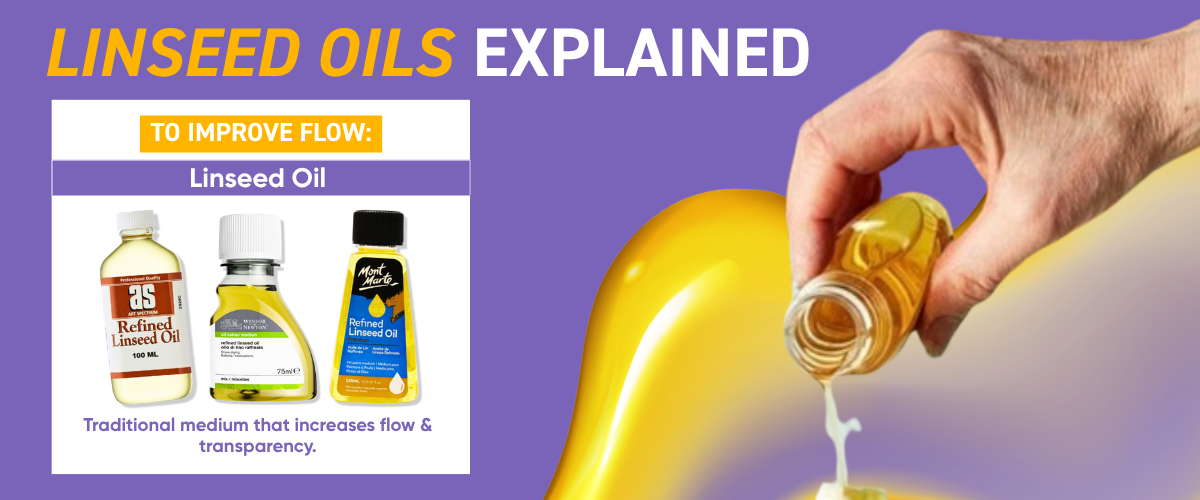 Linseed oil mediums for oil painting with bottles, brushes and traditional artist materials