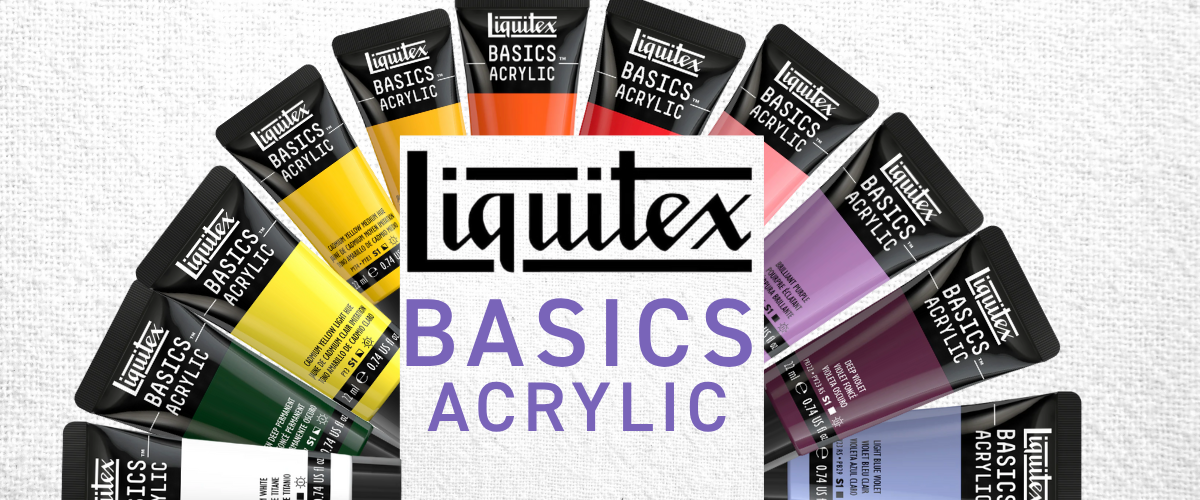 Liquitex Basics Acrylic tubes fanned out on canvas texture with logo in centre showing full 72-colour range