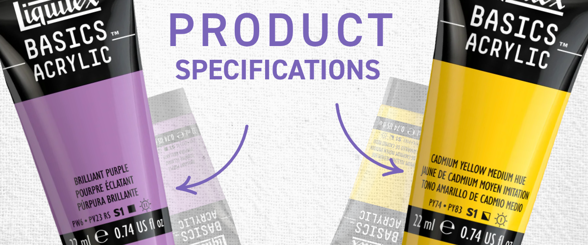 Product specifications graphic with Brilliant Purple and Cadmium Yellow Liquitex Basics tubes and arrow call-outs