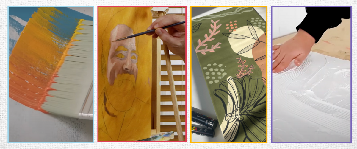 Four Liquitex Basics technique panels: thick brush stroke, underpainting portrait, fabric design, textured gesso swipe