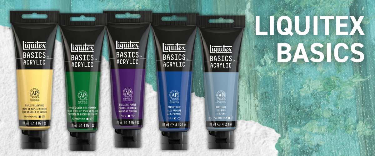 Five tubes of Liquitex Basics acrylic paint in assorted colours displayed on a teal background