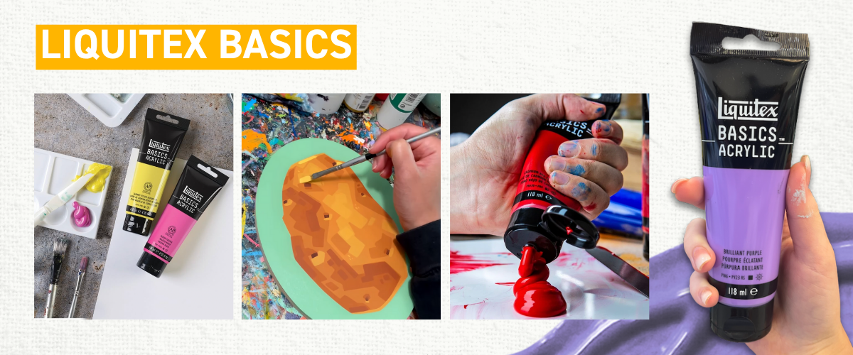 Liquitex Basics Acrylic tubes with bold modern artwork, showing smooth medium-body texture and student-grade quality from a global brand.
